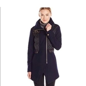 French Connection Blue Quilted Long Line Peacoat